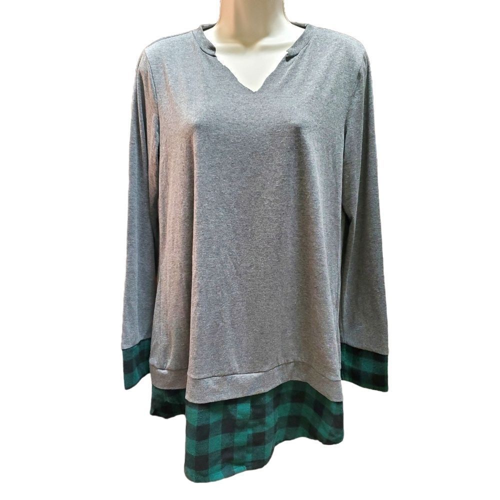 Sunnyme Gray Green Layered Plaid Long Sleeve V Neck Shirt